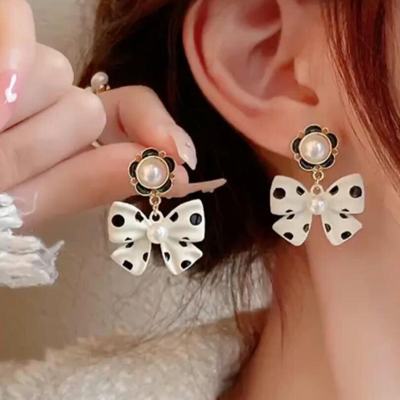 Black Polka Pearl Bow Earrings