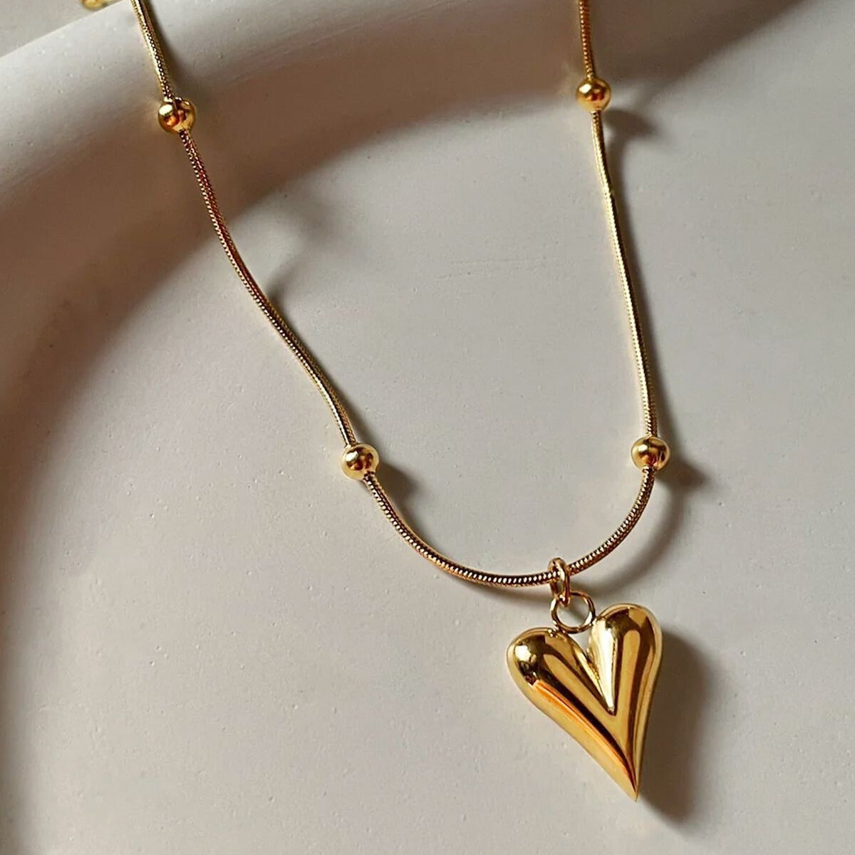 Golden Heart Pendant Beaded Chain Necklace