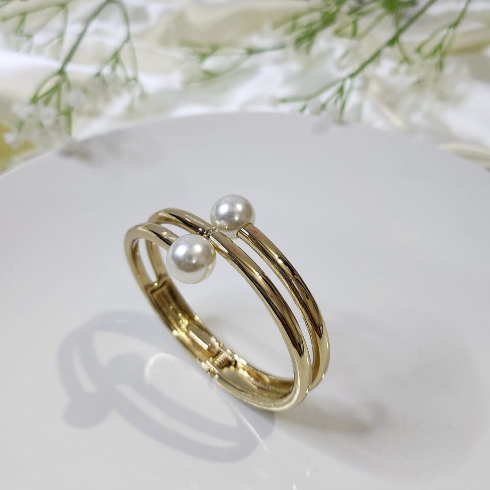 Twin Pearl Open Gold Cuff Bracelet