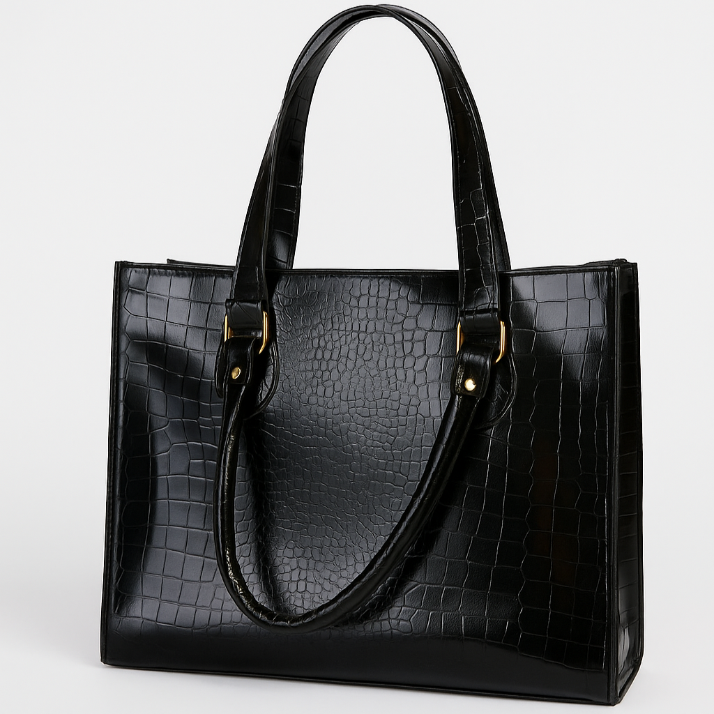 Black Croc-Textured Laptop Tote Bag