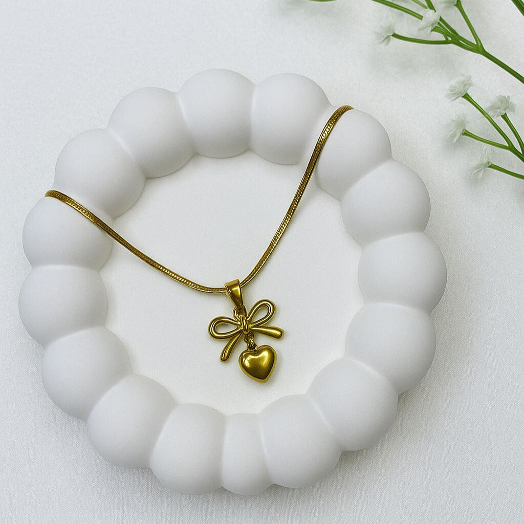 Gold Bow & Heart Pendant Necklace