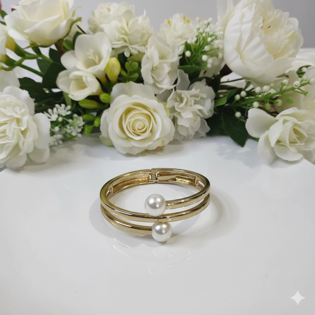 Twin Pearl Open Gold Cuff Bracelet