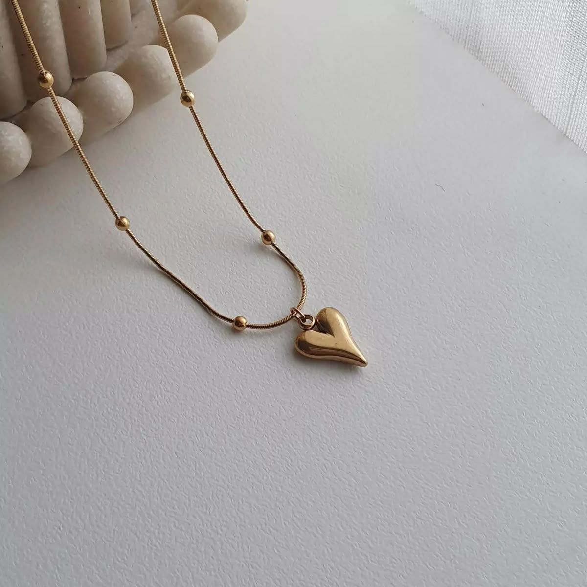 Golden Heart Pendant Beaded Chain Necklace