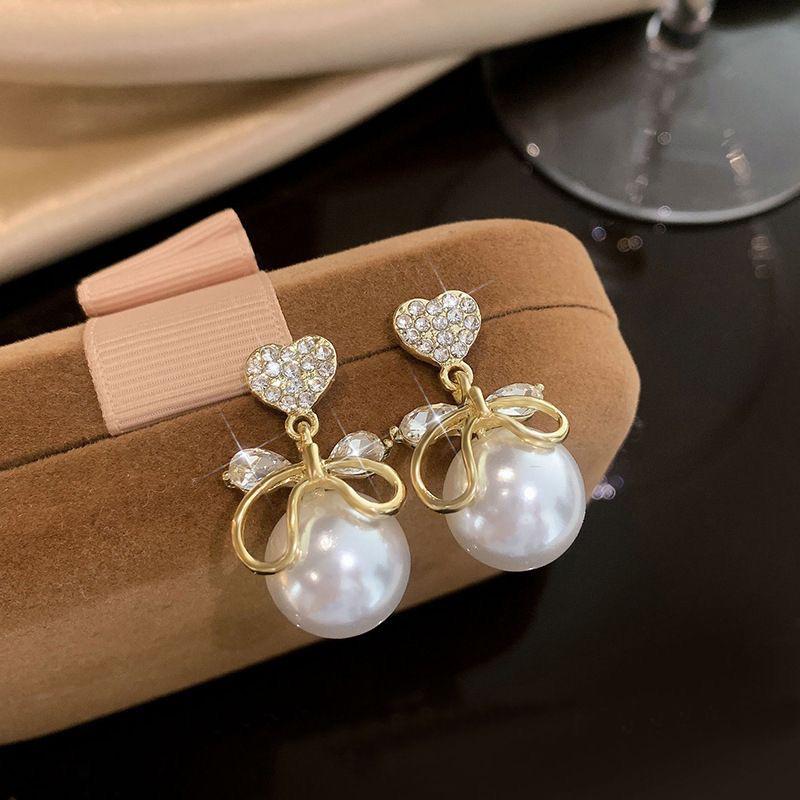 Heart Bow Pearl Stud Earrings