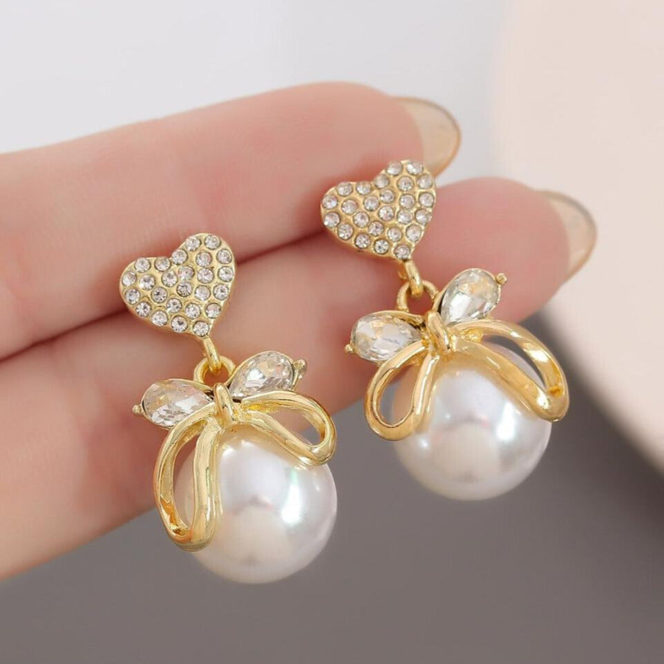 Heart Bow Pearl Stud Earrings