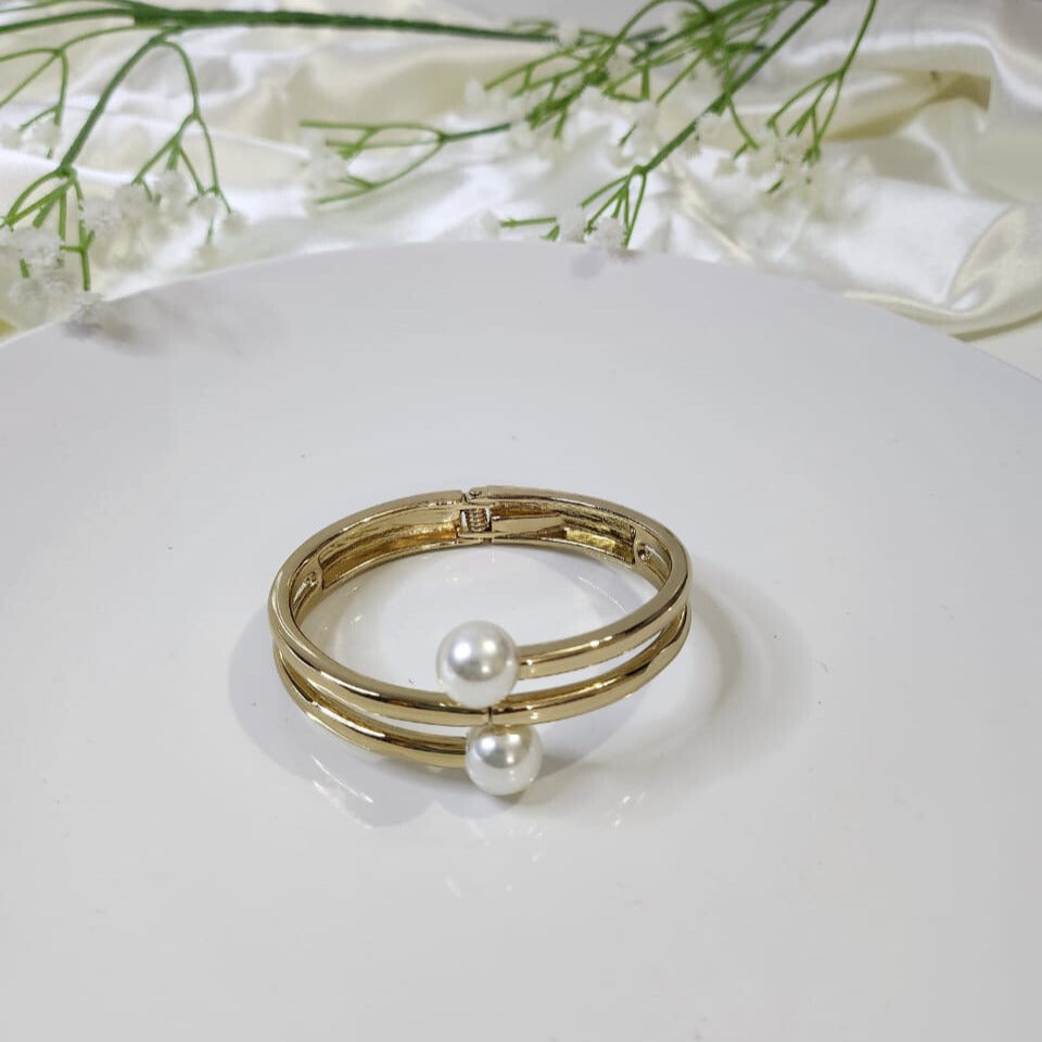Twin Pearl Open Gold Cuff Bracelet