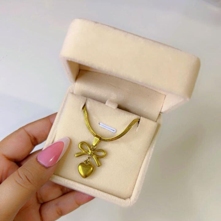 Gold Bow & Heart Pendant Necklace with Necklace Box