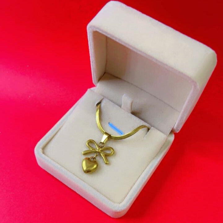 Gold Bow & Heart Pendant Necklace with Necklace Box