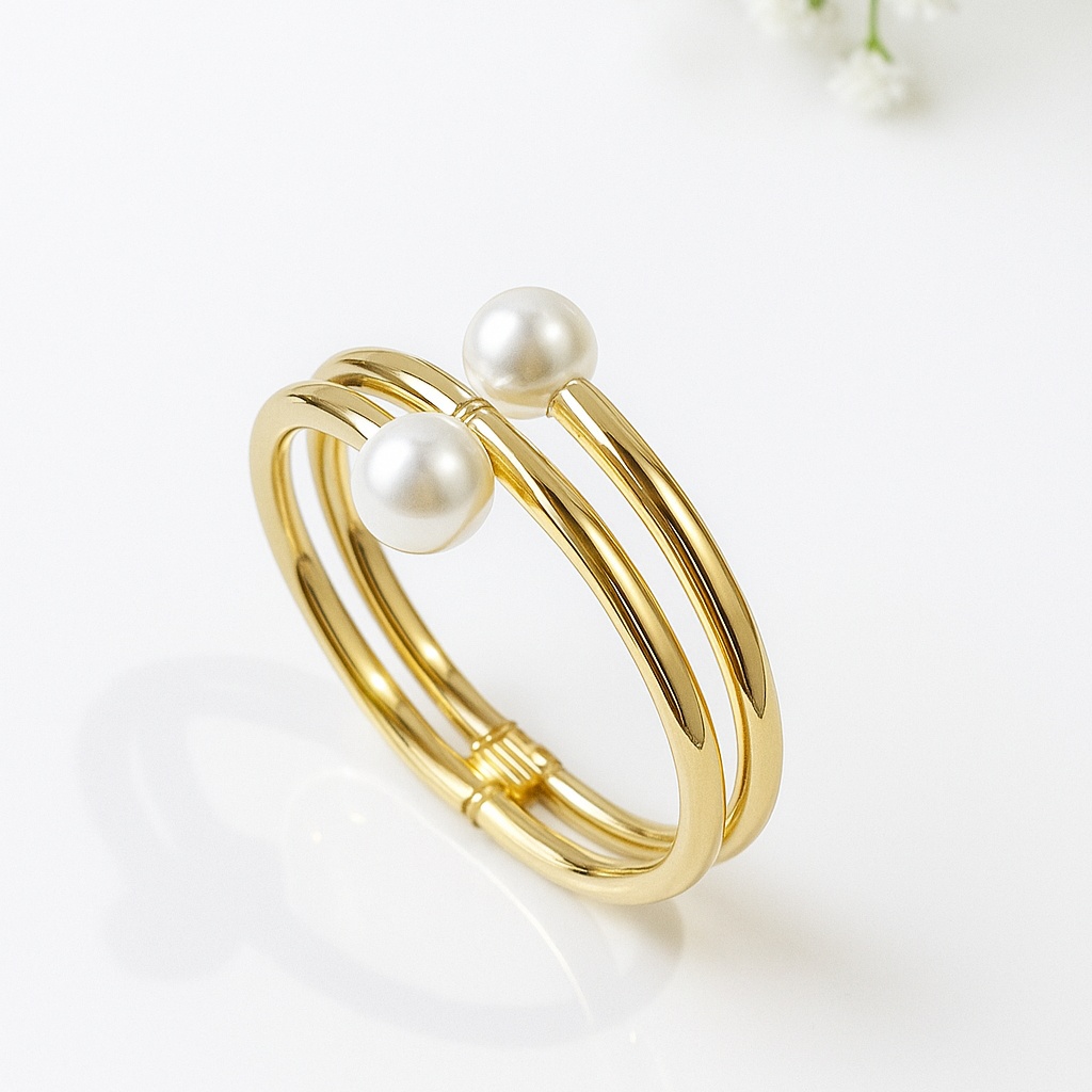 Twin Pearl Open Gold Cuff Bracelet