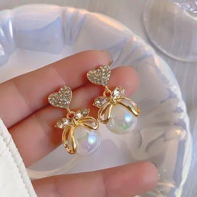 Heart Bow Pearl Stud Earrings
