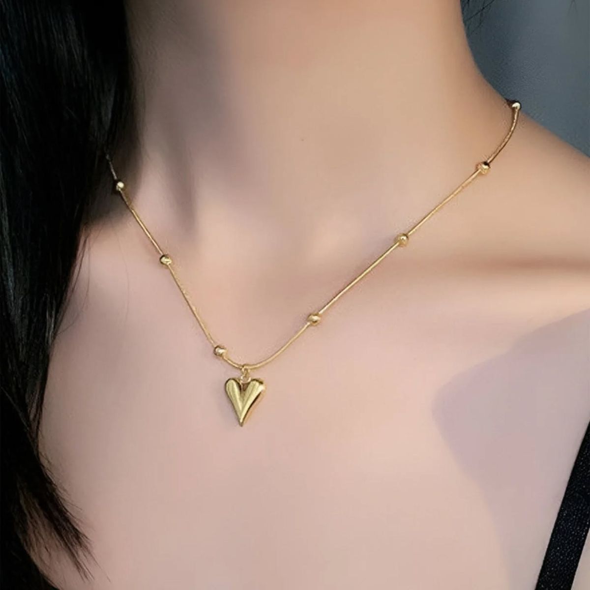 Golden Heart Pendant Beaded Chain Necklace