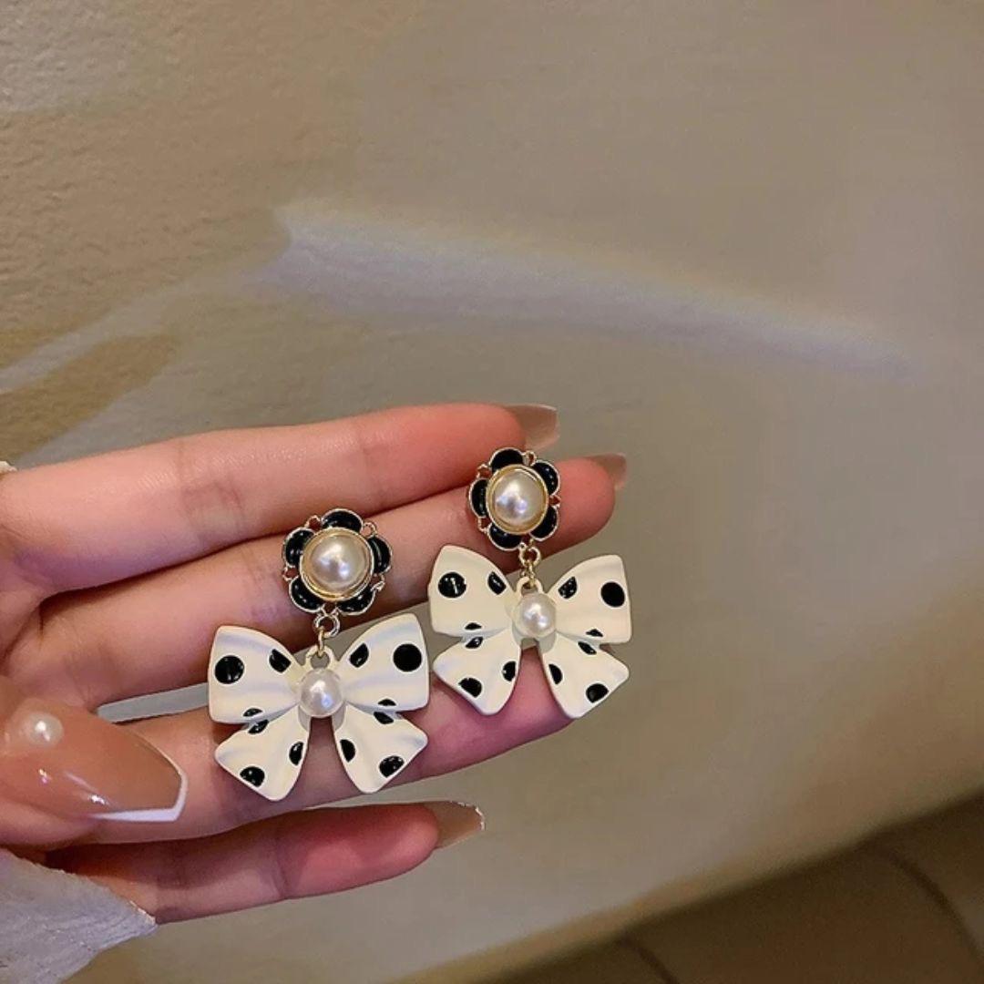 Black Polka Pearl Bow Earrings
