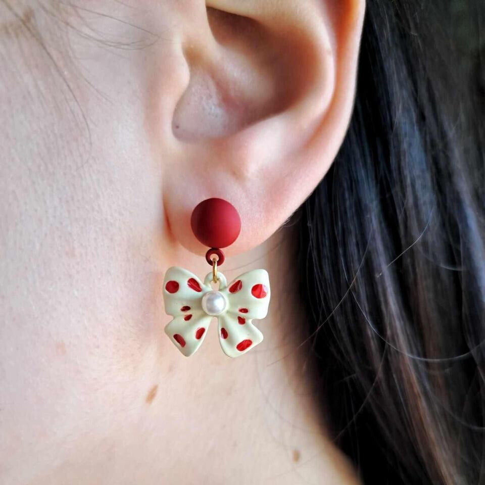 Red Polka Bow Dangle Earrings