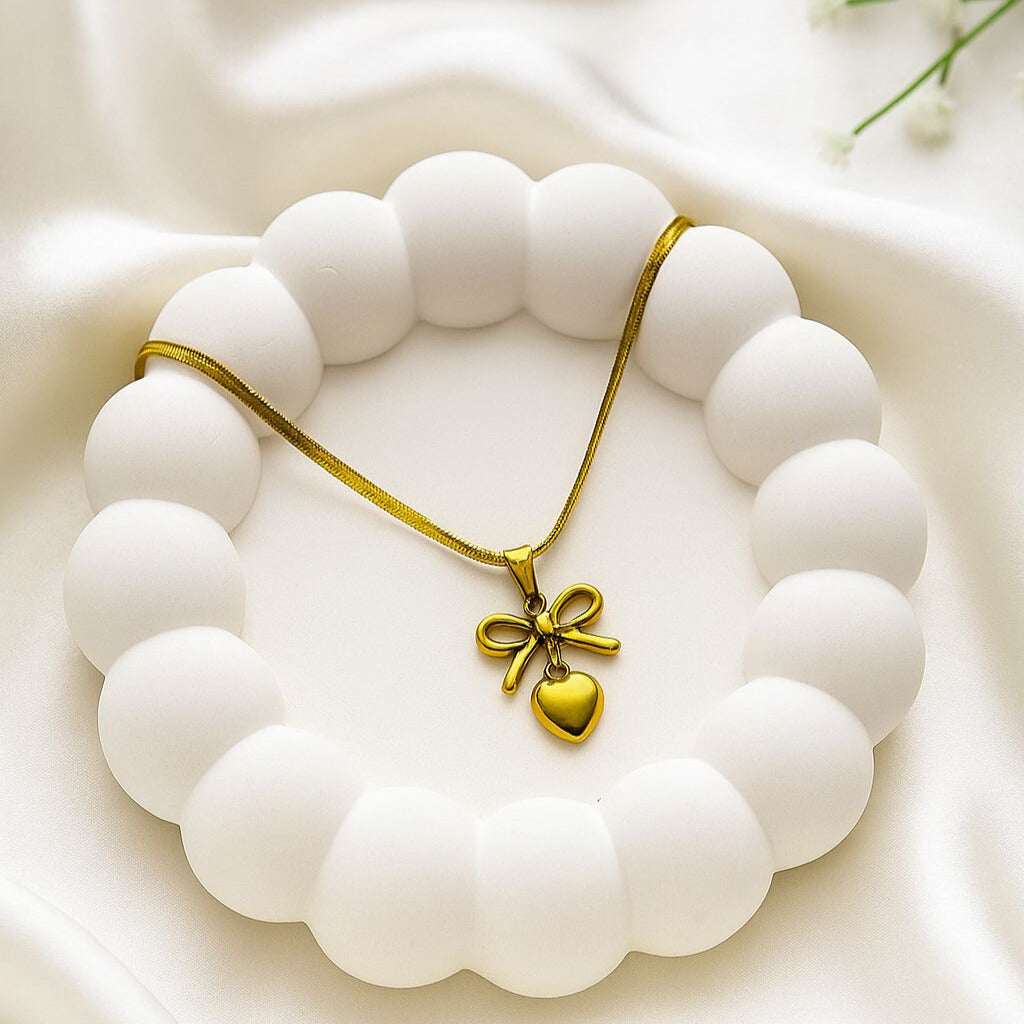 Gold Bow & Heart Pendant Necklace